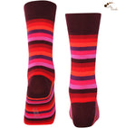 Mysocks unisex multi-colour striped crew socks in green, yellow, and khaki and purple and pink.
