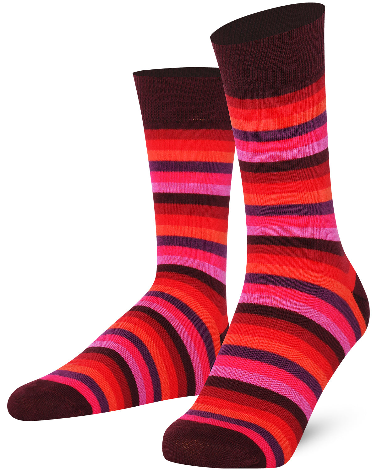 Mysocks unisex multi-colour striped crew socks in green, yellow, and khaki and purple and pink.