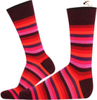 Mysocks unisex multi-colour striped crew socks in green, yellow, and khaki and purple and pink.