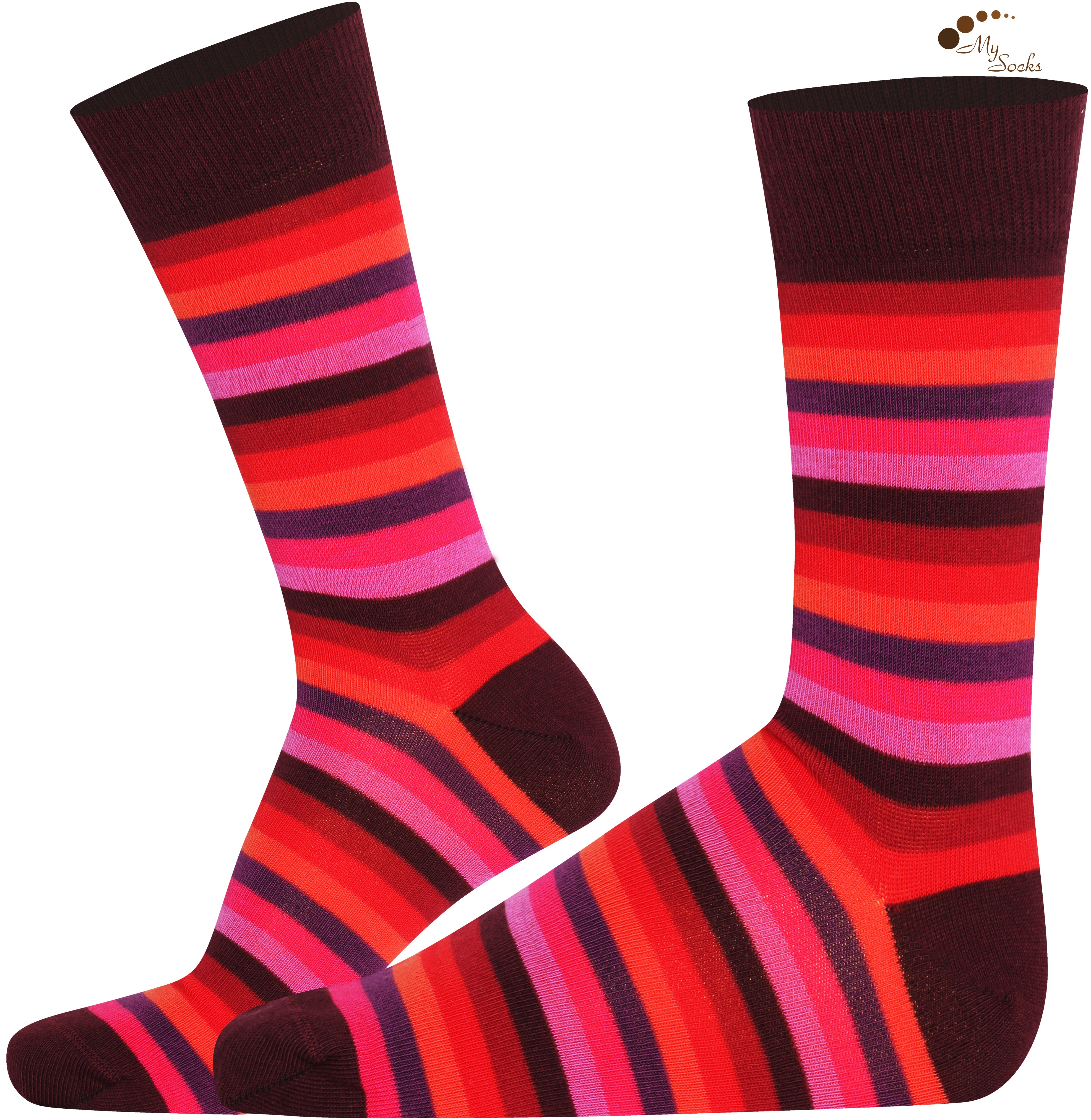 Mysocks unisex multi-colour striped crew socks in green, yellow, and khaki and purple and pink.