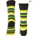 Mysocks unisex multi-colour striped crew socks in green, yellow, and khaki and purple and pink.