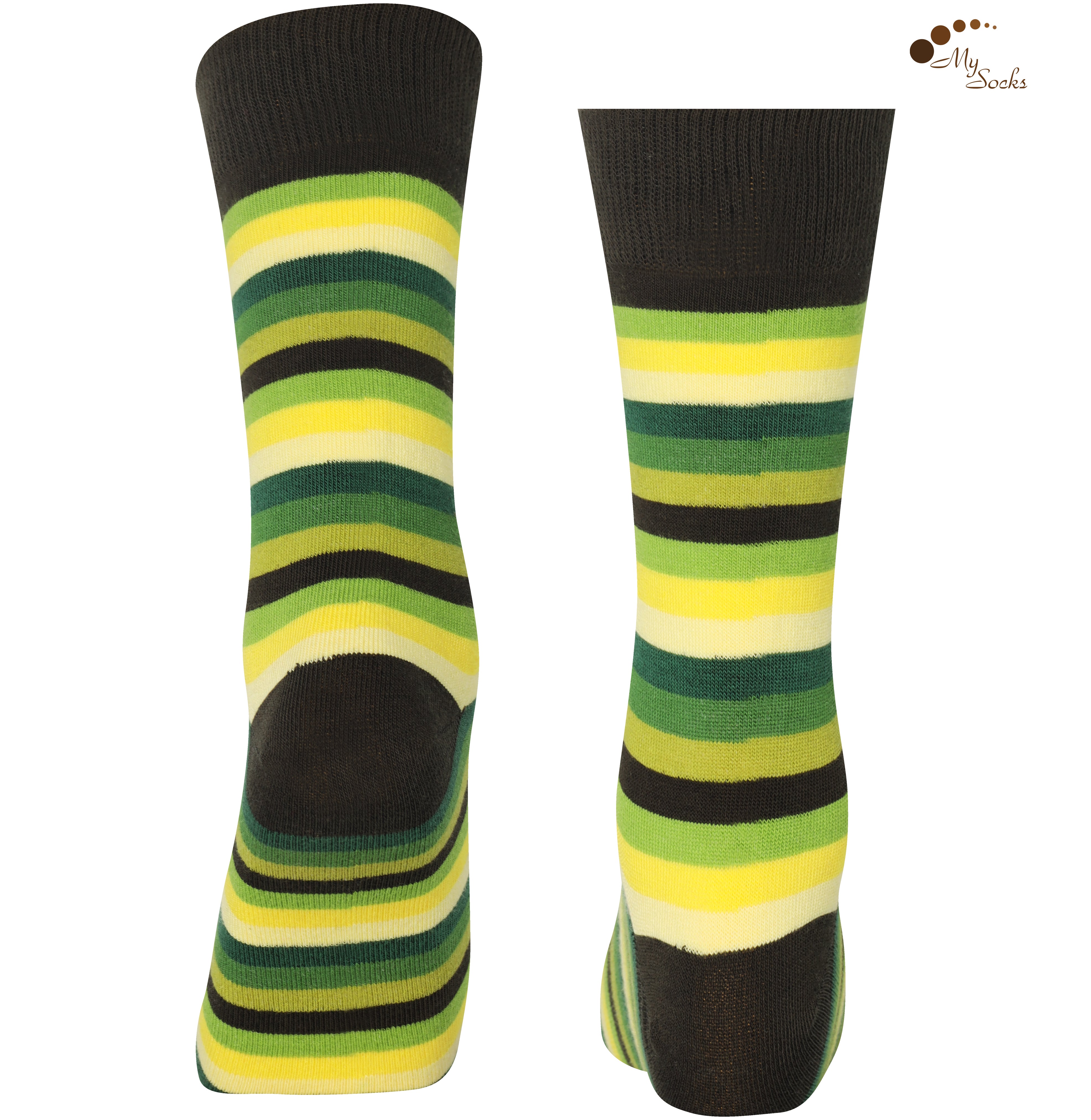 Mysocks unisex multi-colour striped crew socks in green, yellow, and khaki and purple and pink.
