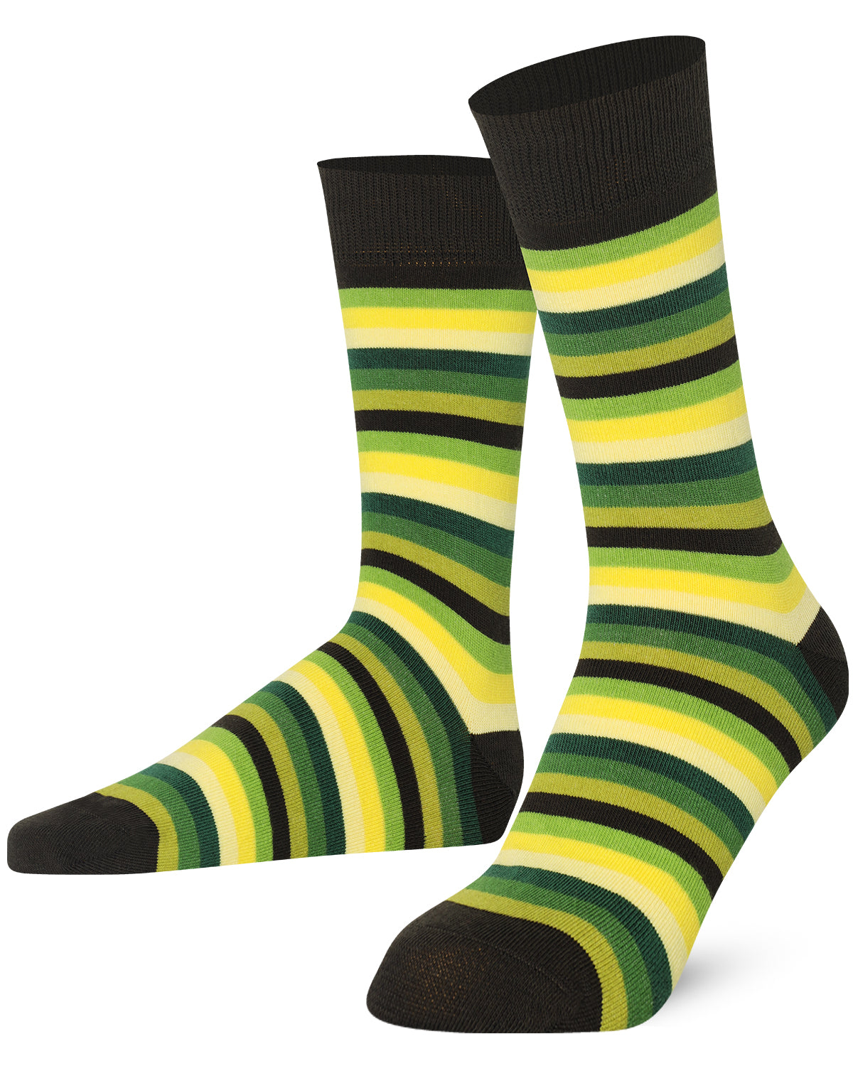 Mysocks unisex multi-colour striped crew socks in green, yellow, and khaki and purple and pink.