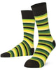 Mysocks unisex multi-colour striped crew socks in green, yellow, and khaki and purple and pink.