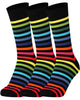Mysocks unisex striped crew socks 3-pair pack in vibrant multicolor stripes on a black background, made with combed cotton and a seamless toe.