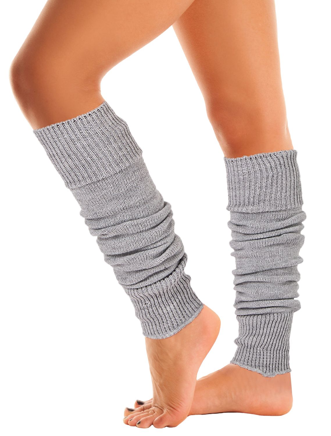 Five pairs of Mysocks women's extra soft knit leg warmers in black, dark grey, light grey, beige, and yellow.