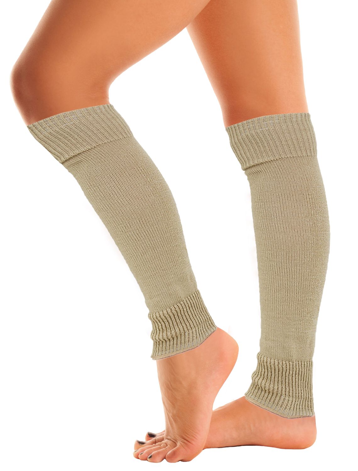 Five pairs of Mysocks women's extra soft knit leg warmers in black, dark grey, light grey, beige, and yellow.