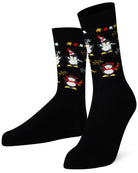 Black socks with penguin design on a white background