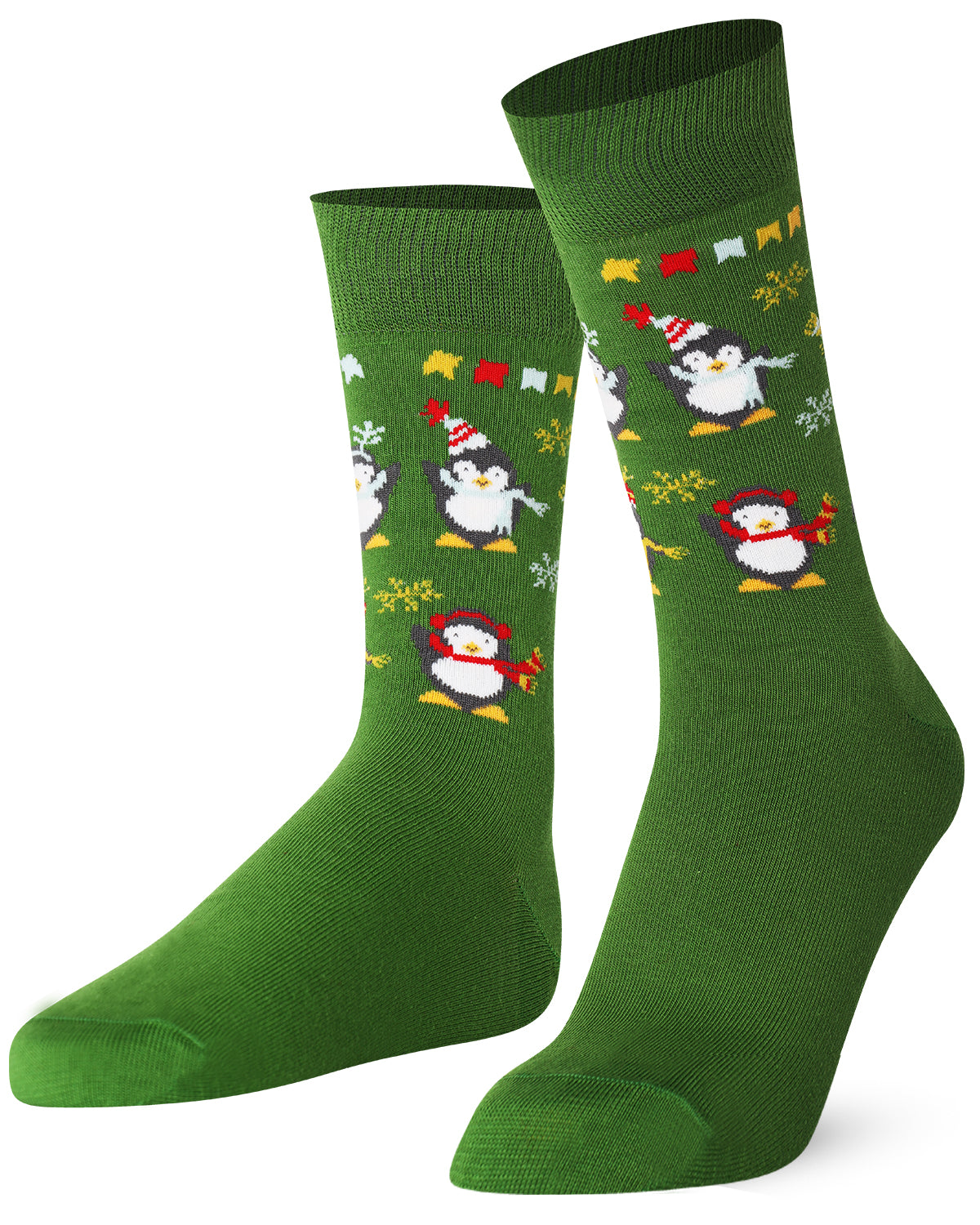 Green socks with penguin design on a white background