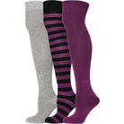 Three pairs of knee-high socks in gray, black and purple striped, and solid purple on a white background.