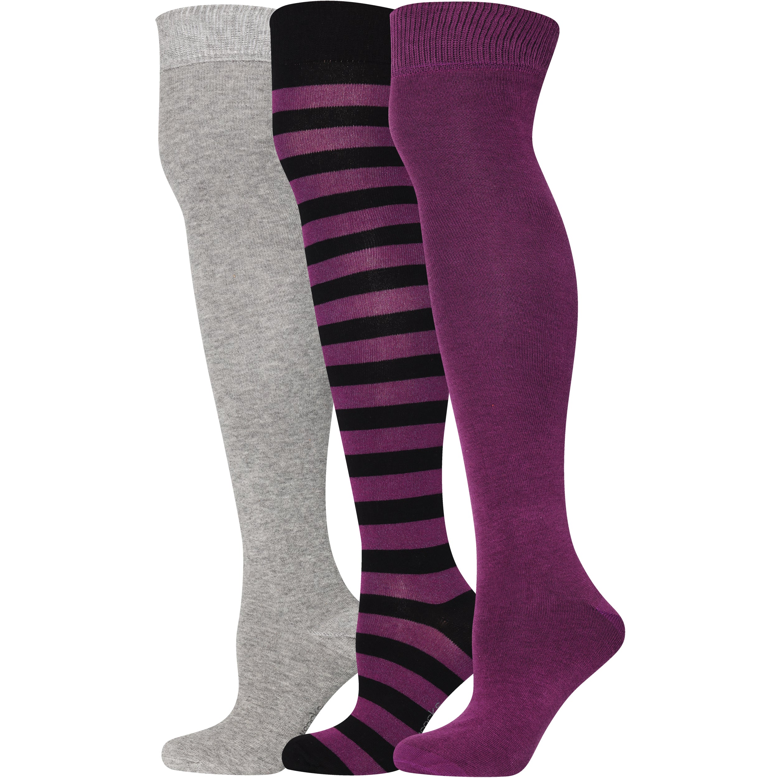 Three pairs of knee-high socks in gray, black and purple striped, and solid purple on a white background.