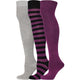 Three pairs of knee-high socks in gray, black and purple striped, and solid purple on a white background.
