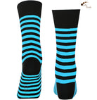 Unisex black and blue striped crew socks made of extra fine combed cotton.