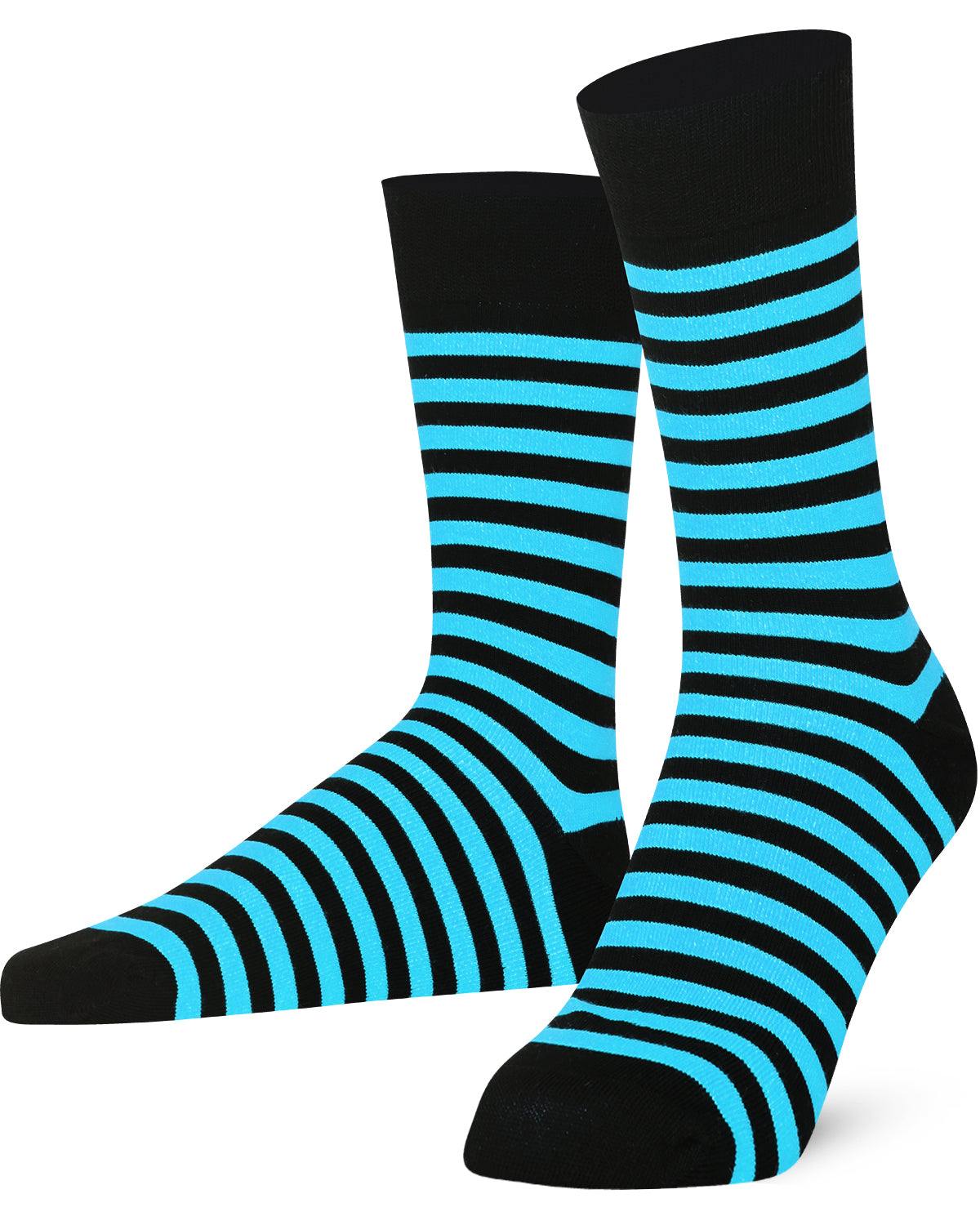 Unisex black and blue striped crew socks made of extra fine combed cotton.