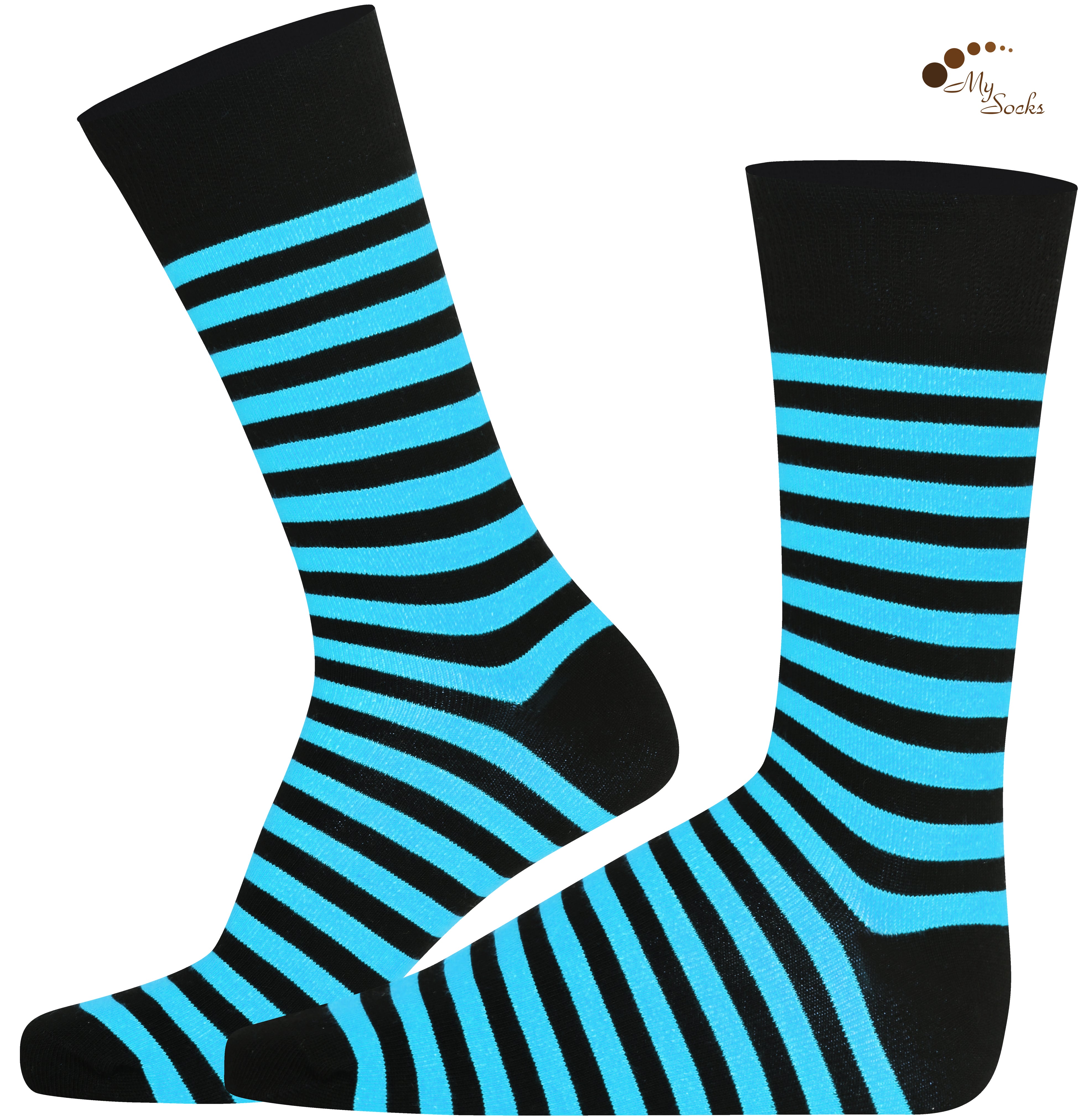Unisex black and blue striped crew socks made of extra fine combed cotton.