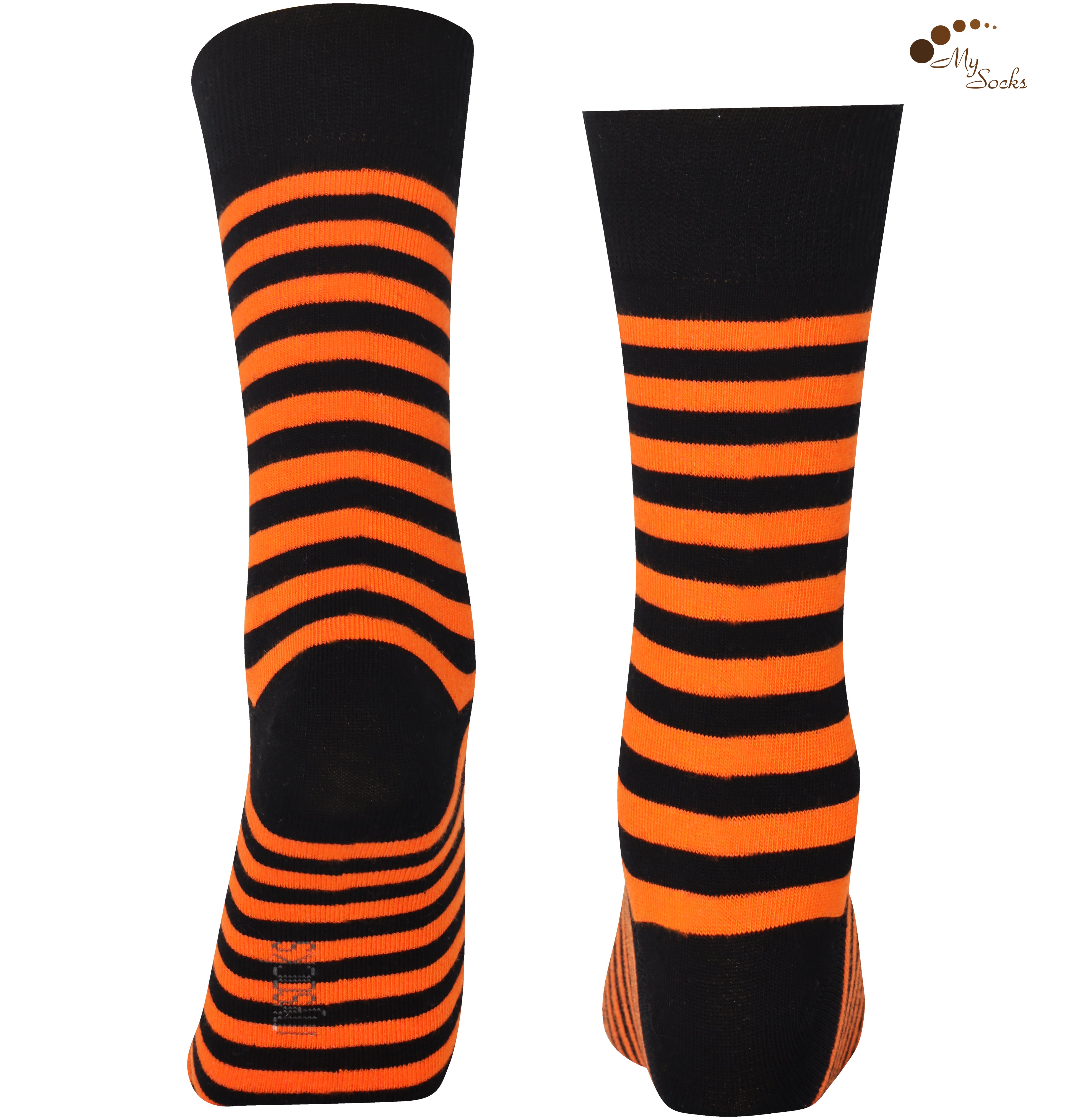 Unisex black and orange striped crew socks made of extra fine combed cotton.