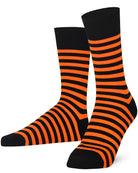 Unisex black and orange striped crew socks made of extra fine combed cotton.