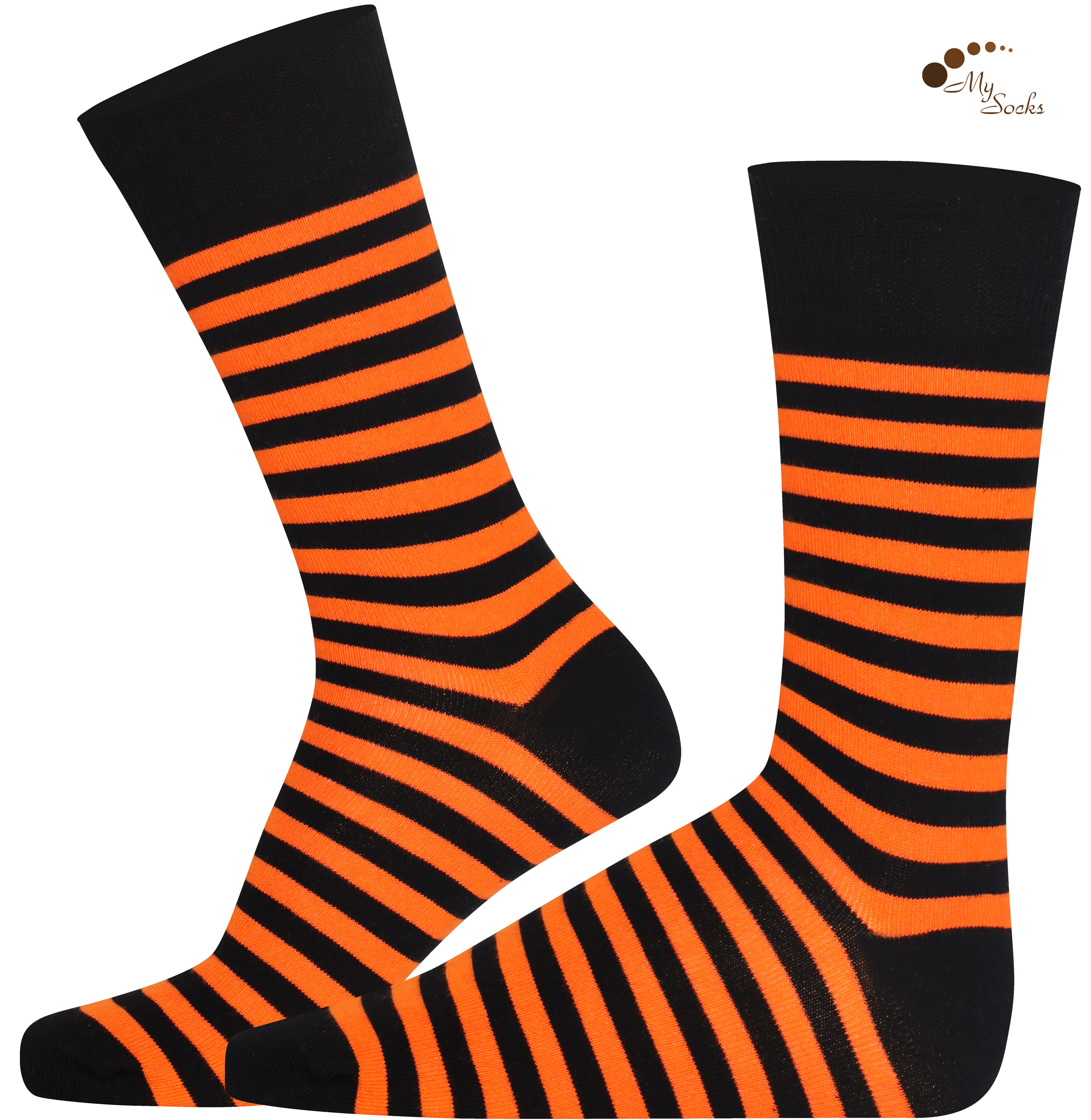 Unisex black and orange striped crew socks made of extra fine combed cotton.