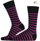 Unisex black and purple striped crew socks made of extra fine combed cotton.