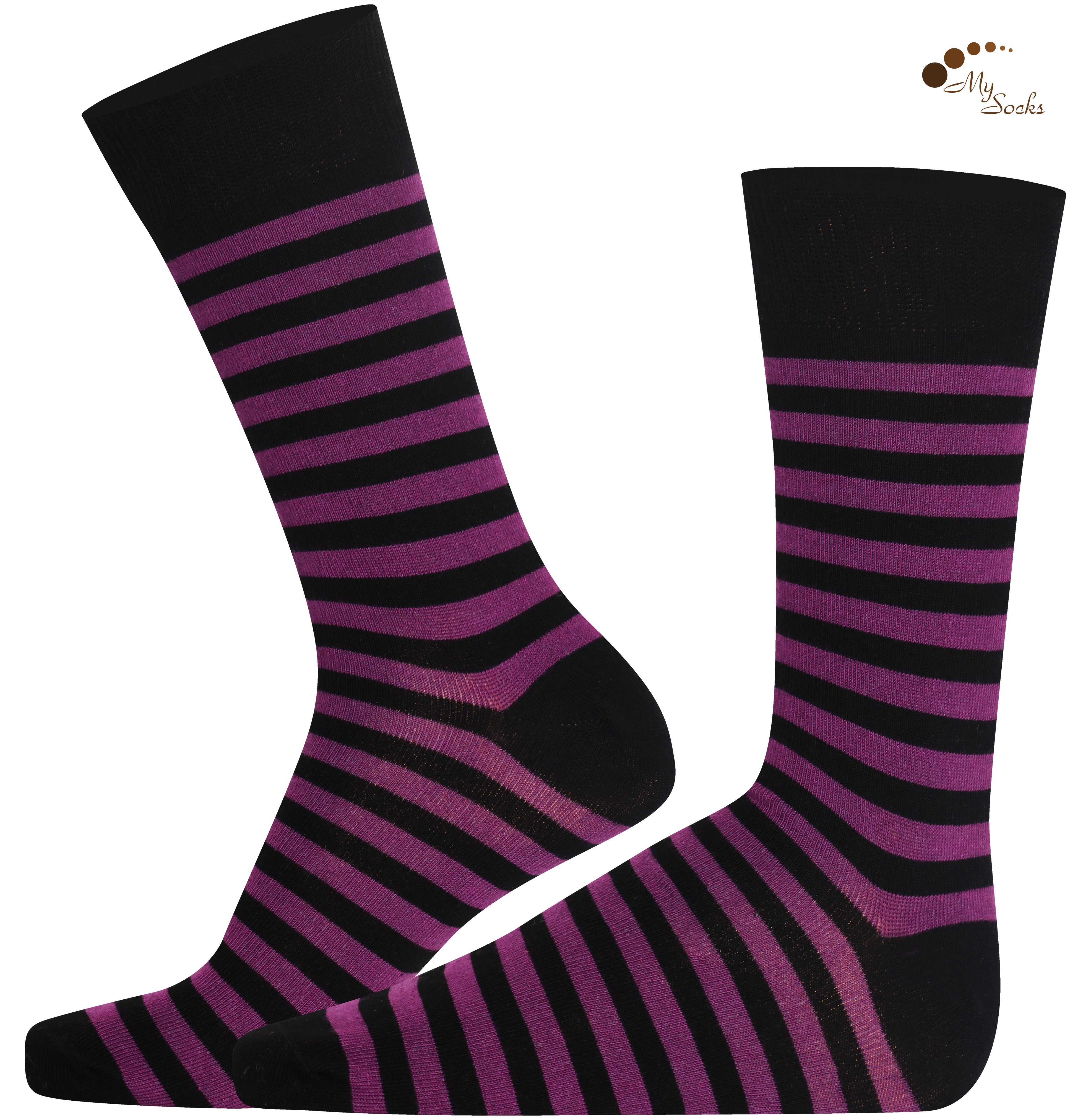 Unisex black and purple striped crew socks made of extra fine combed cotton.