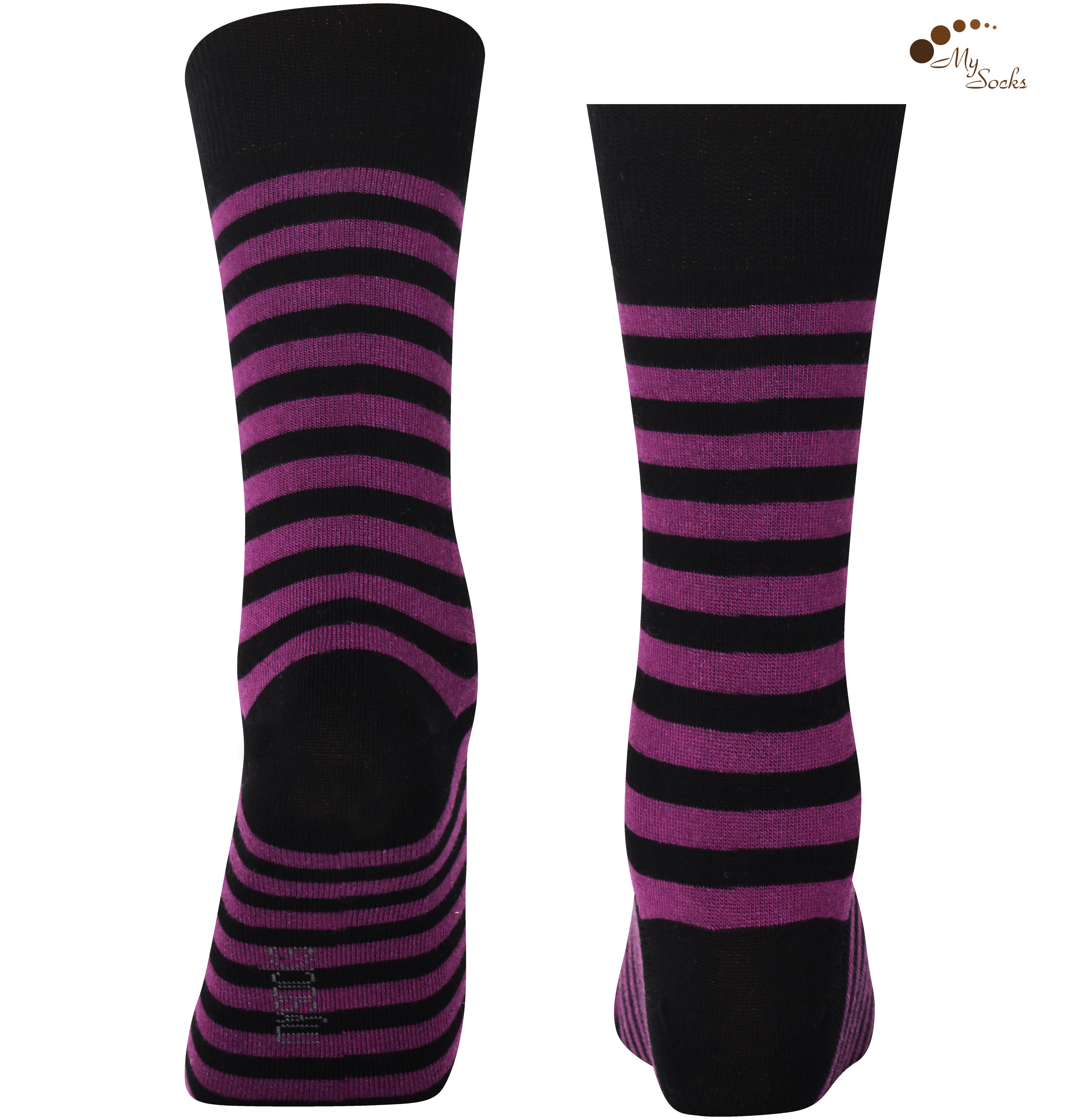 Unisex black and purple striped crew socks made of extra fine combed cotton.