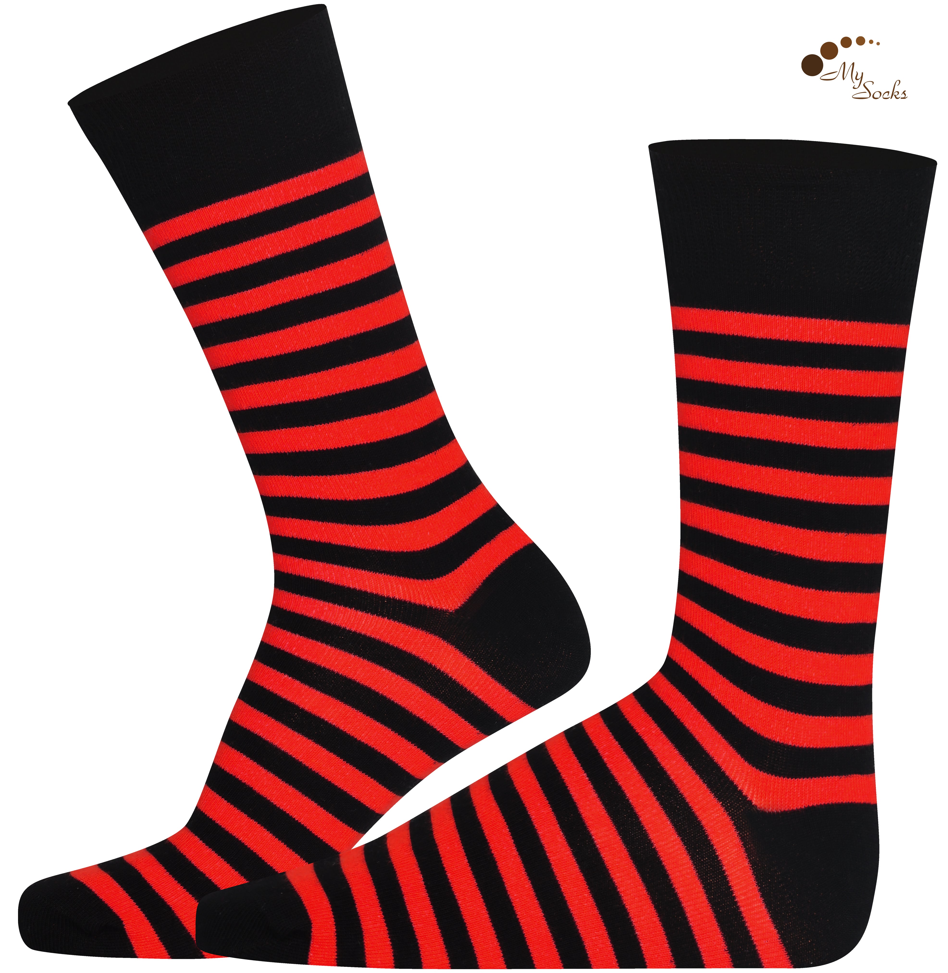 Unisex black and red striped crew socks made of extra fine combed cotton.
