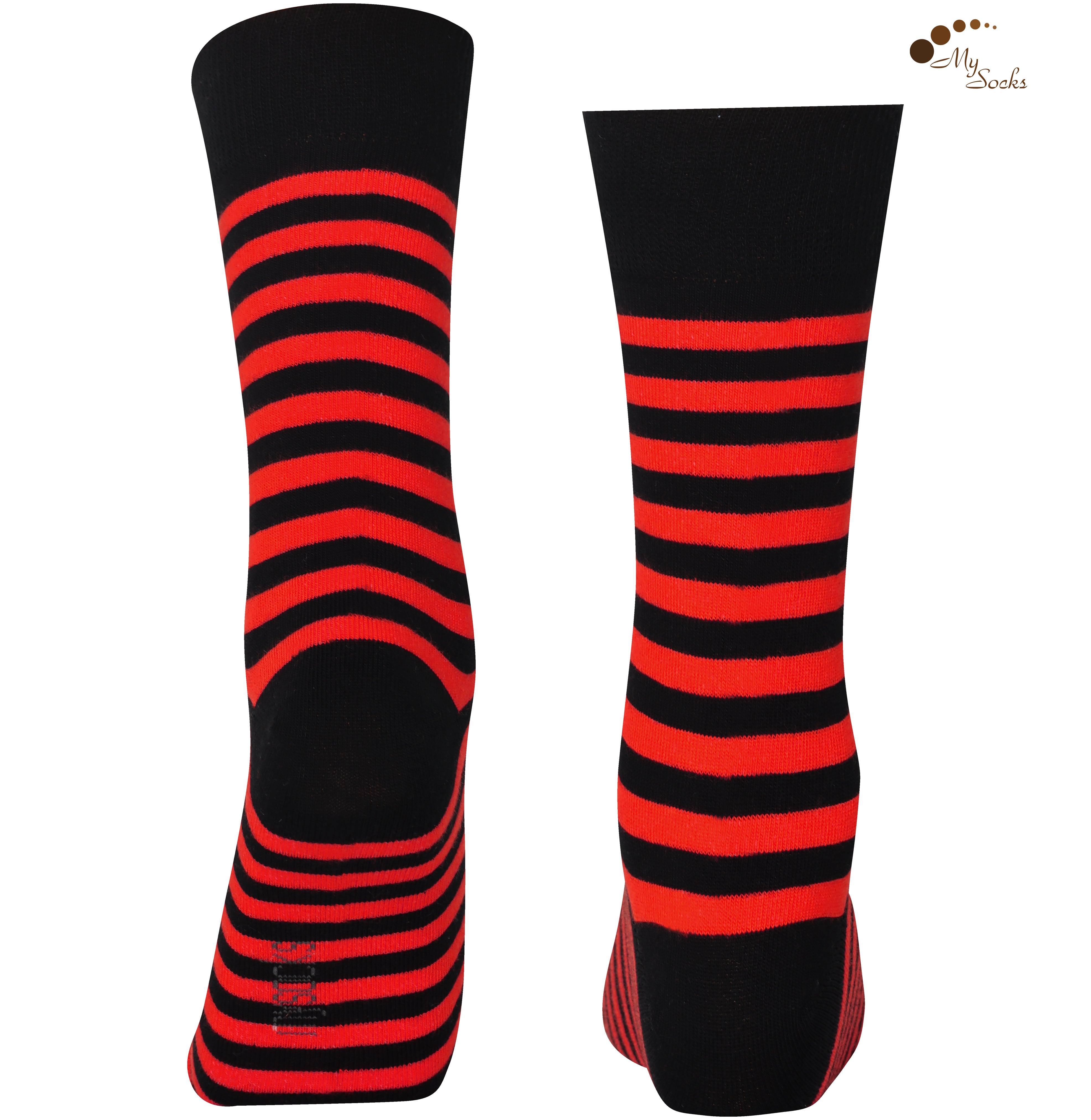 Unisex black and red striped crew socks made of extra fine combed cotton.