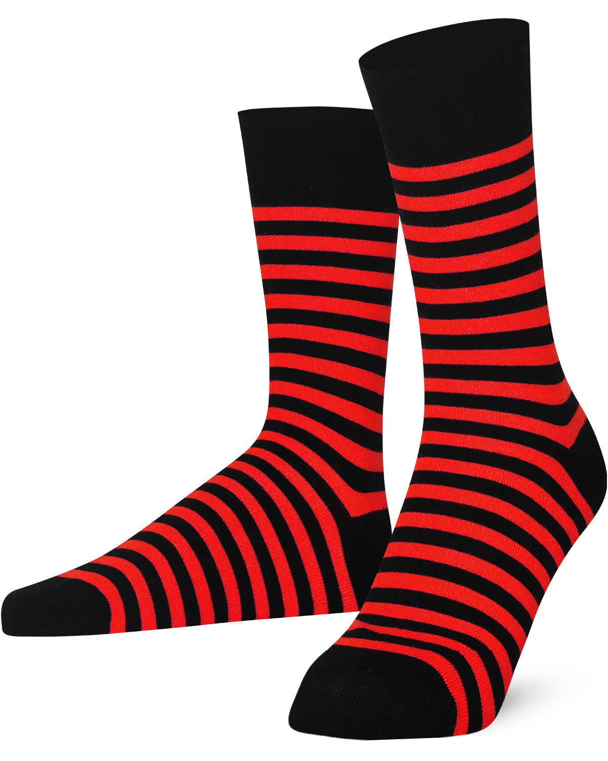 Unisex black and red striped crew socks made of extra fine combed cotton.