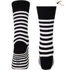 Unisex black and white striped crew socks made of extra fine combed cotton.