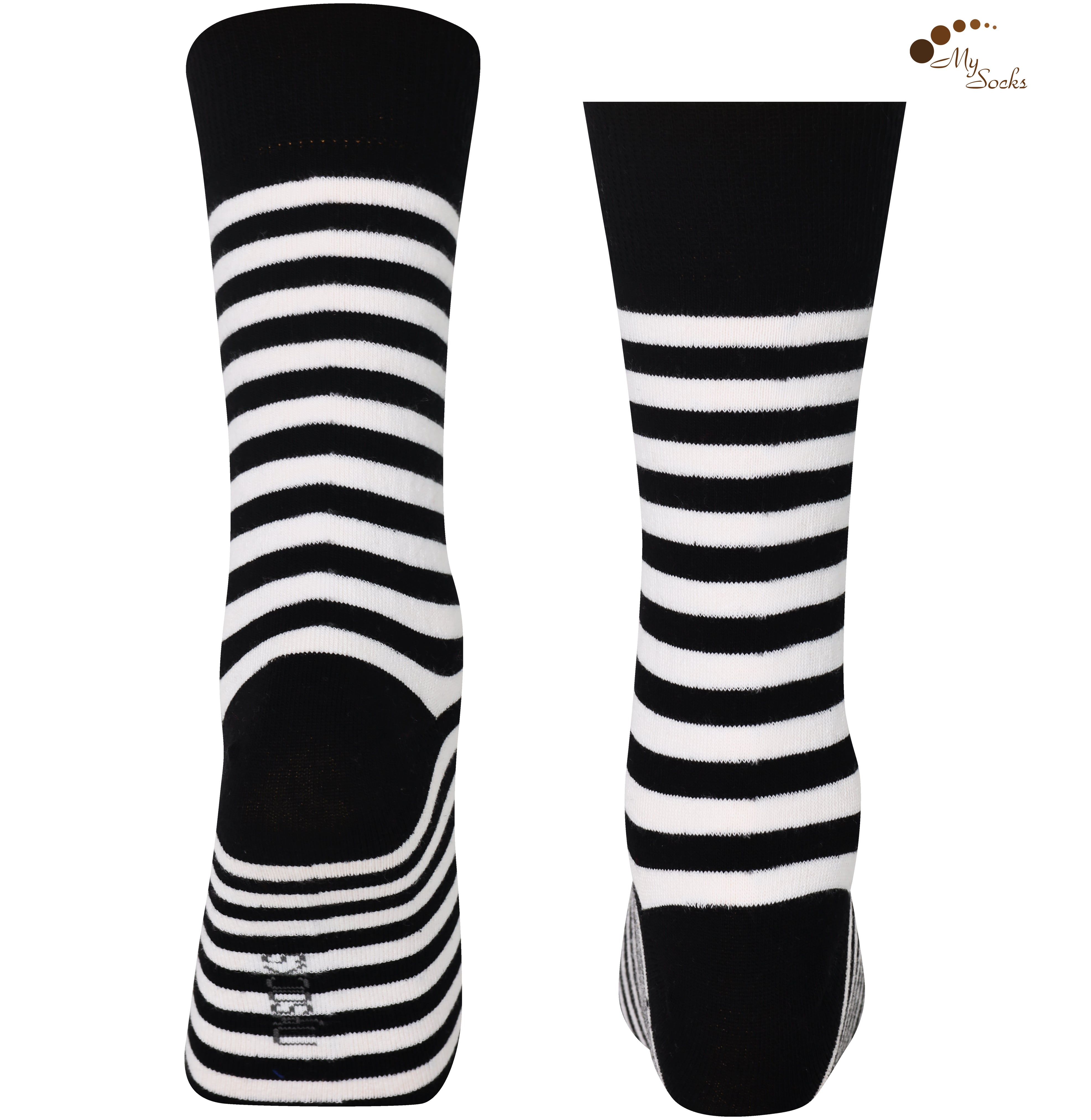 Unisex black and white striped crew socks made of extra fine combed cotton.