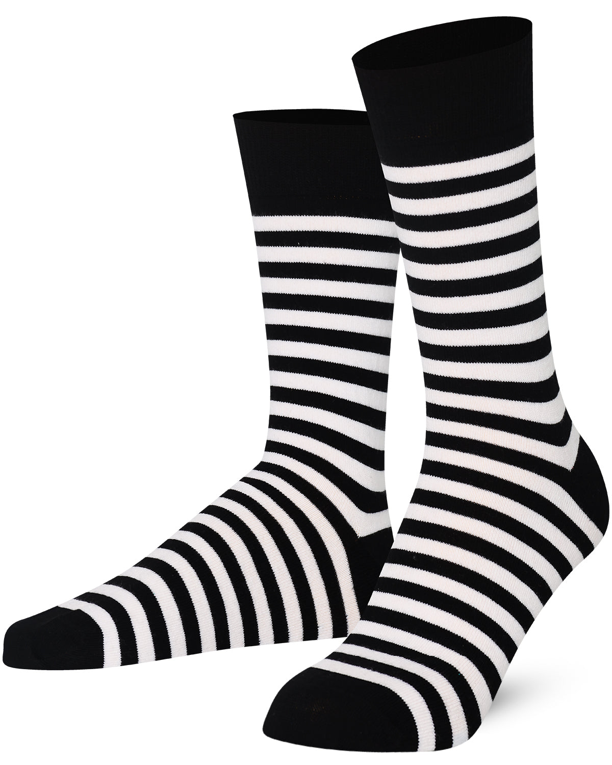 Unisex black and white striped crew socks made of extra fine combed cotton.