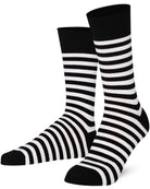 Unisex black and white striped crew socks made of extra fine combed cotton.