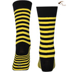 Unisex black and yellow striped crew socks made of extra fine combed cotton.