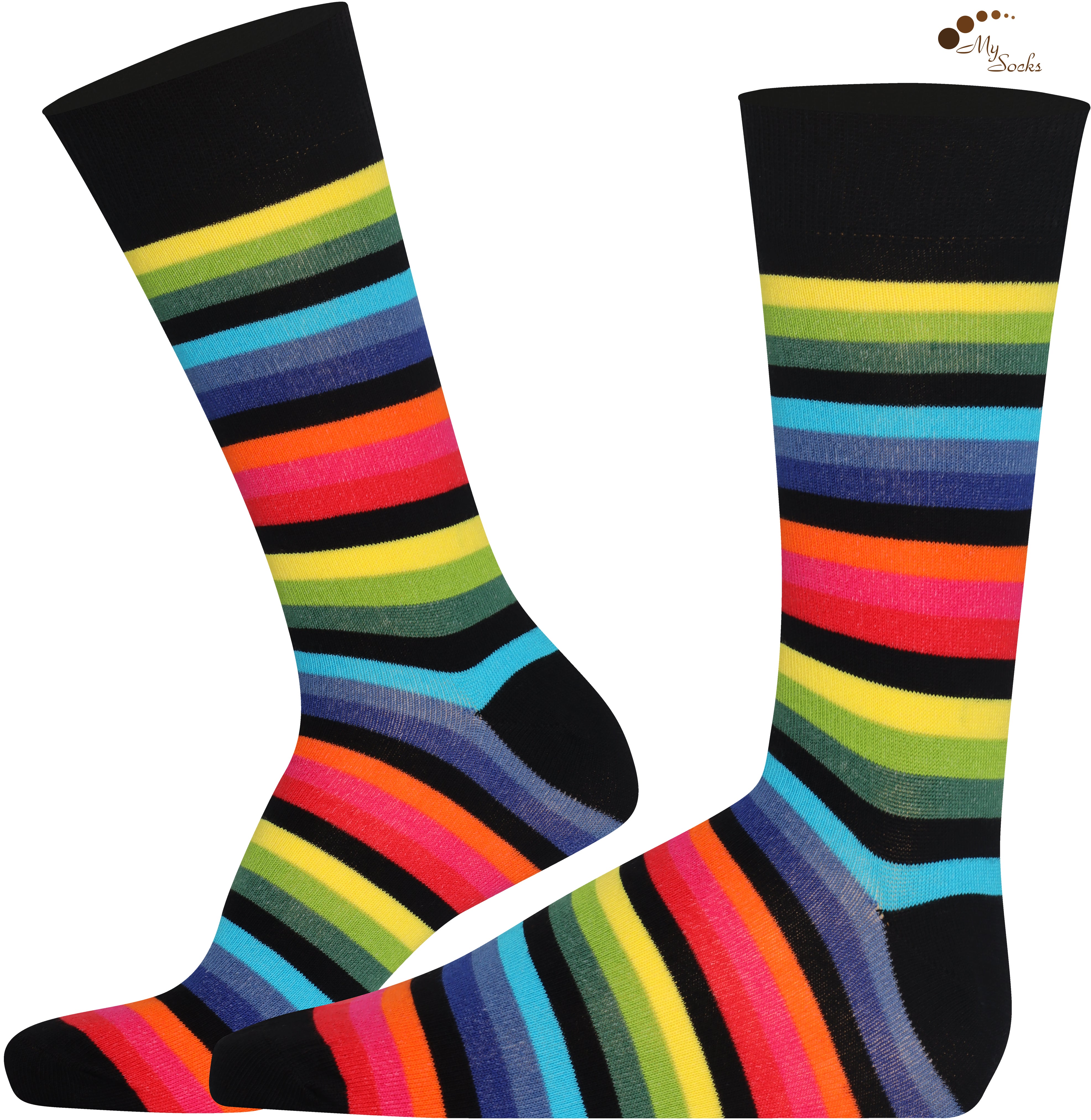 Mysocks unisex rainbow stripe crew socks made of cotton with a seamless toe design.