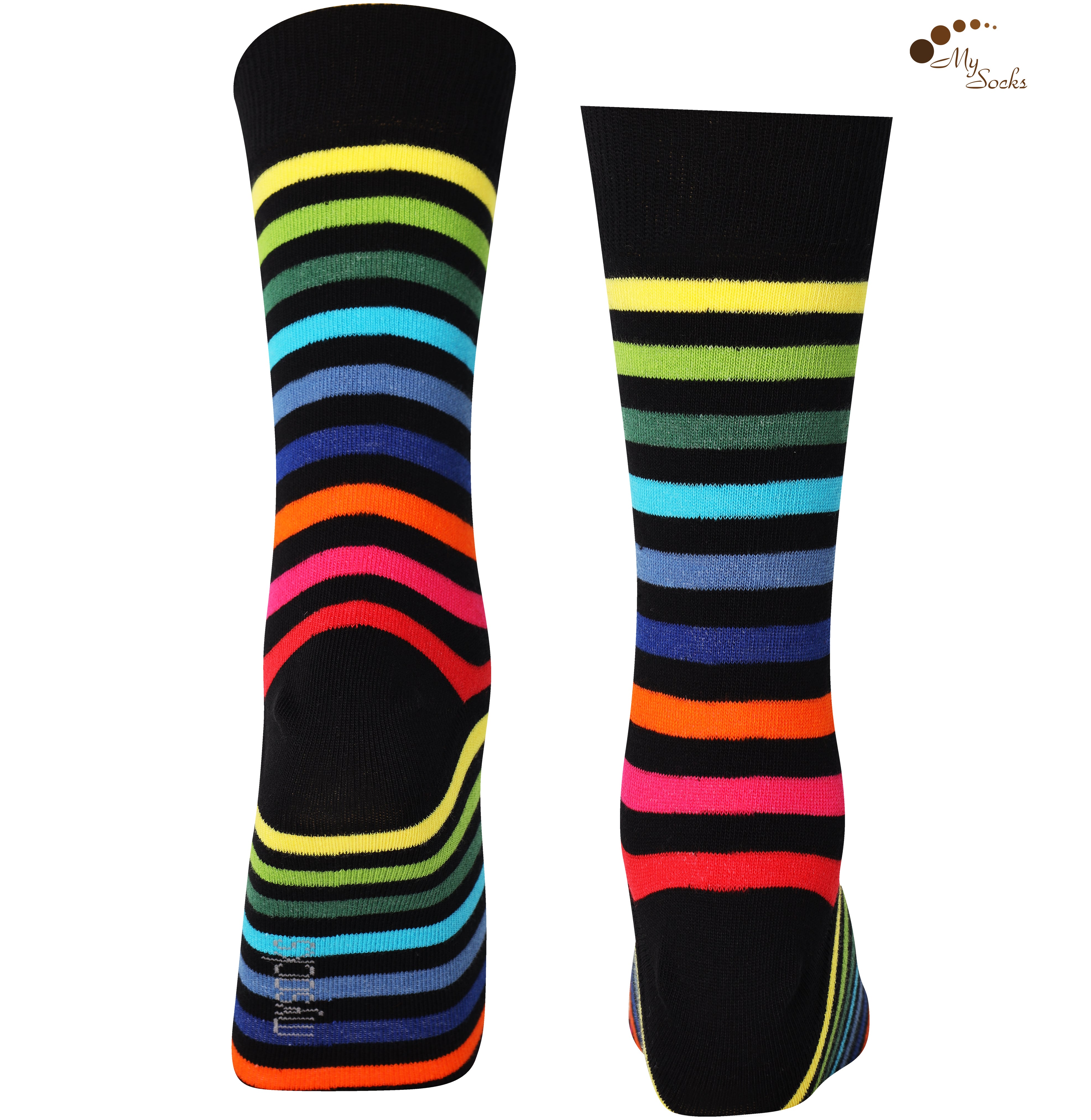 Mysocks unisex rainbow stripe crew socks made of cotton with a seamless toe design.