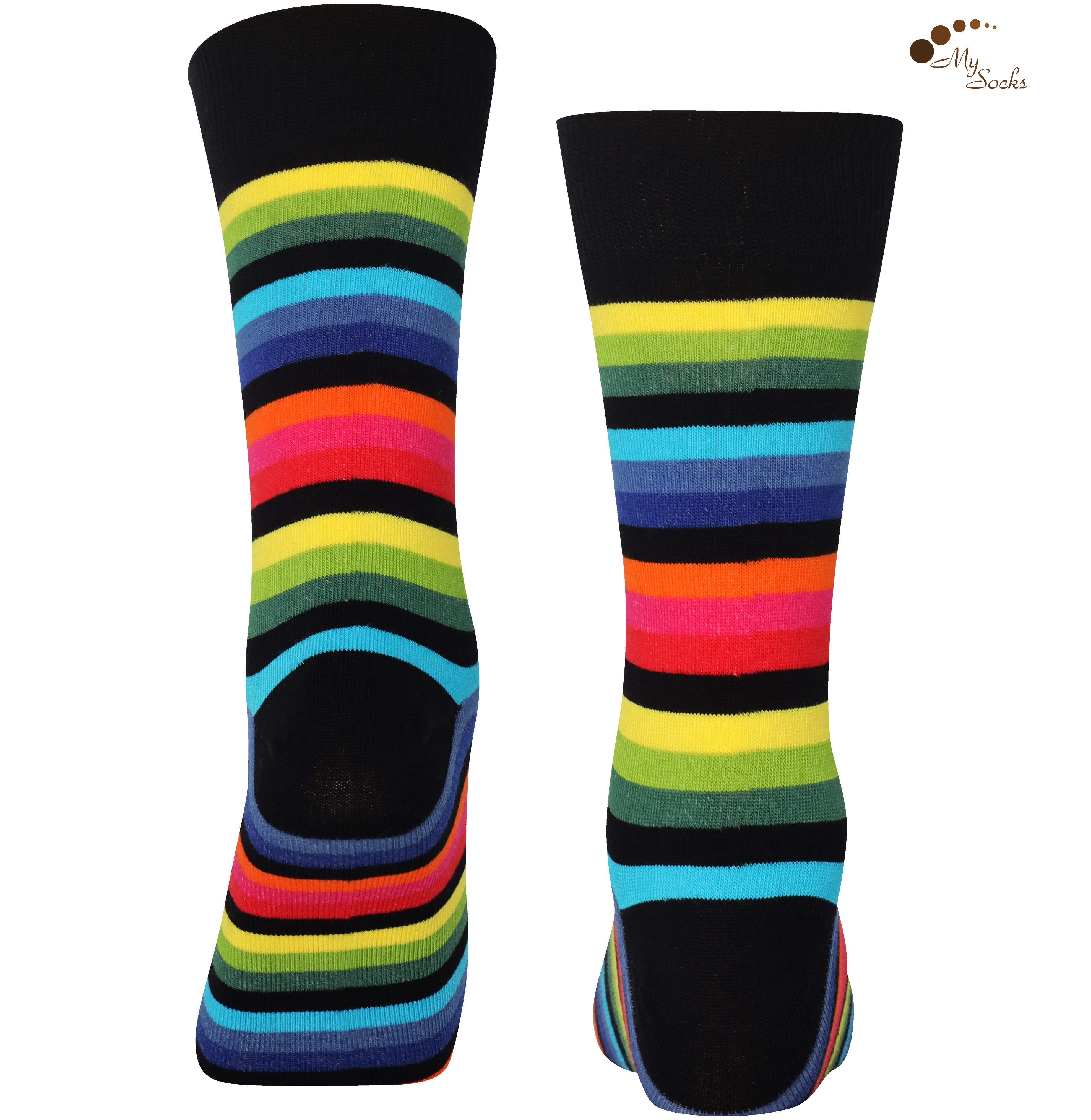 Mysocks unisex rainbow stripe crew socks made of cotton with a seamless toe design.
