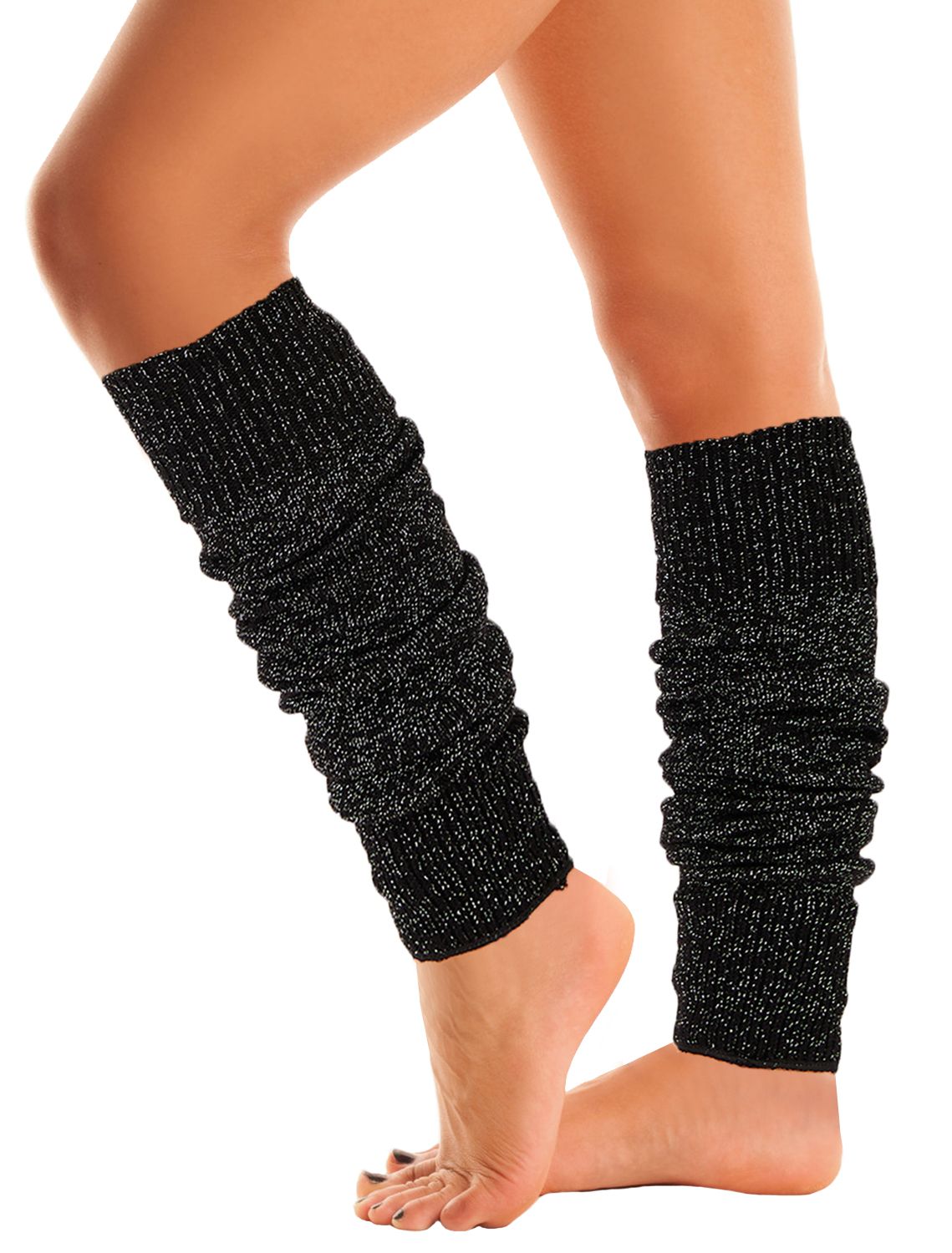 Women's black glitter speckled knit leg warmers worn over bare legs