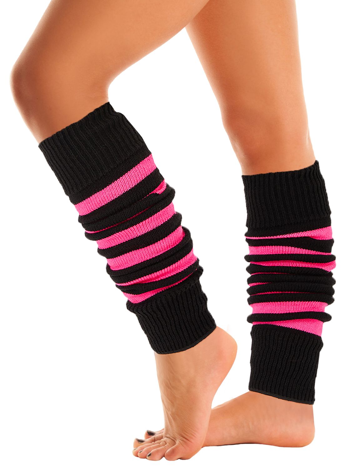 Woman wearing Mysocks fuchsia and black striped acrylic leg warmers