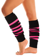Woman wearing Mysocks fuchsia and black striped acrylic leg warmers