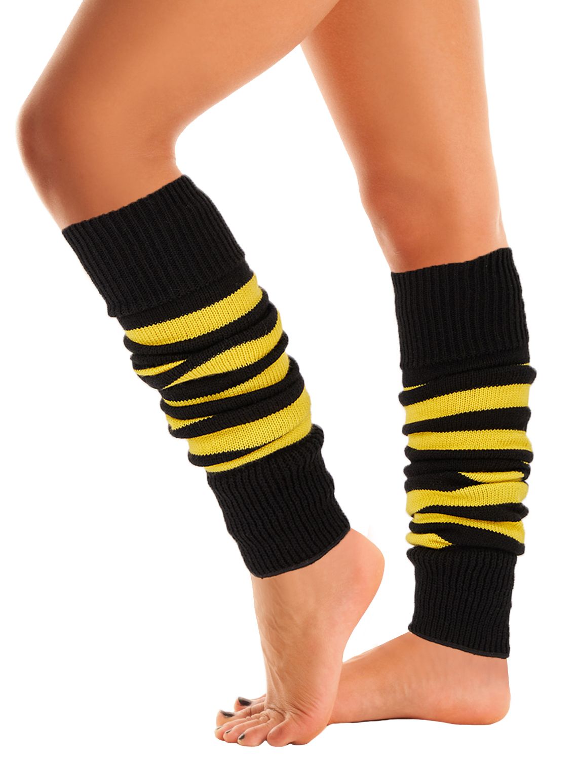 Woman wearing Mysocks yellow and black striped knit leg warmers