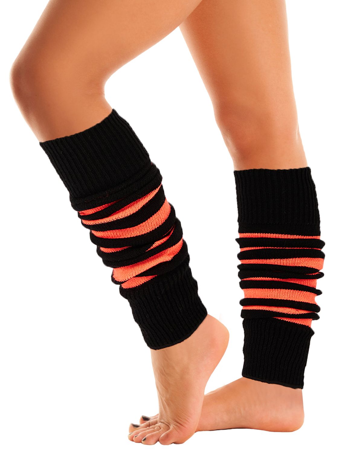 Mysocks women's soft acrylic orange and black striped leg warmers worn on legs