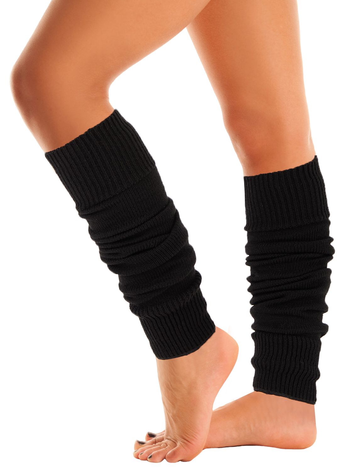 Woman wearing Mysocks plain black 100% acrylic leg warmers